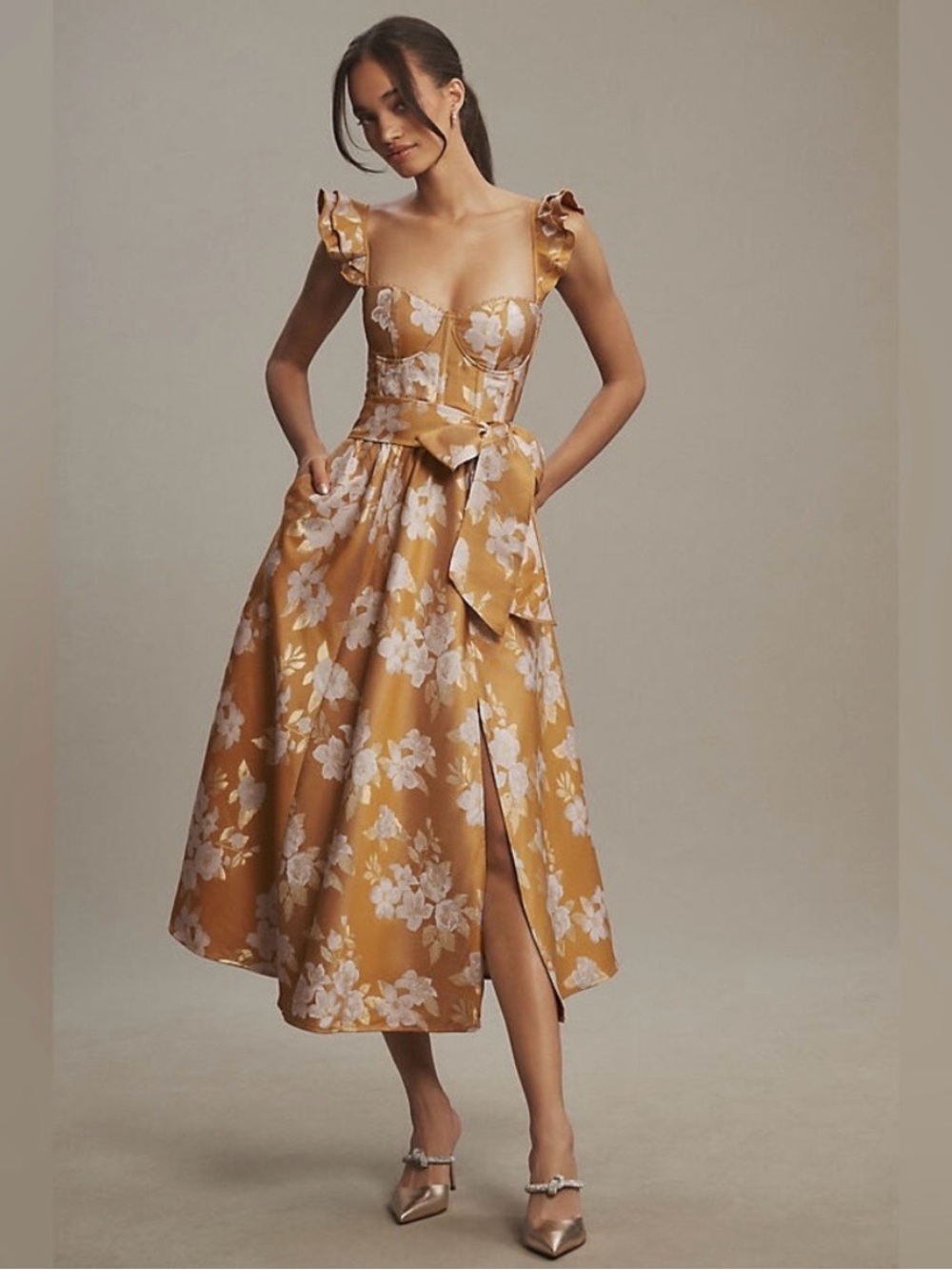 V. Chapman Mustard Floral Midi Dress with Self Tie